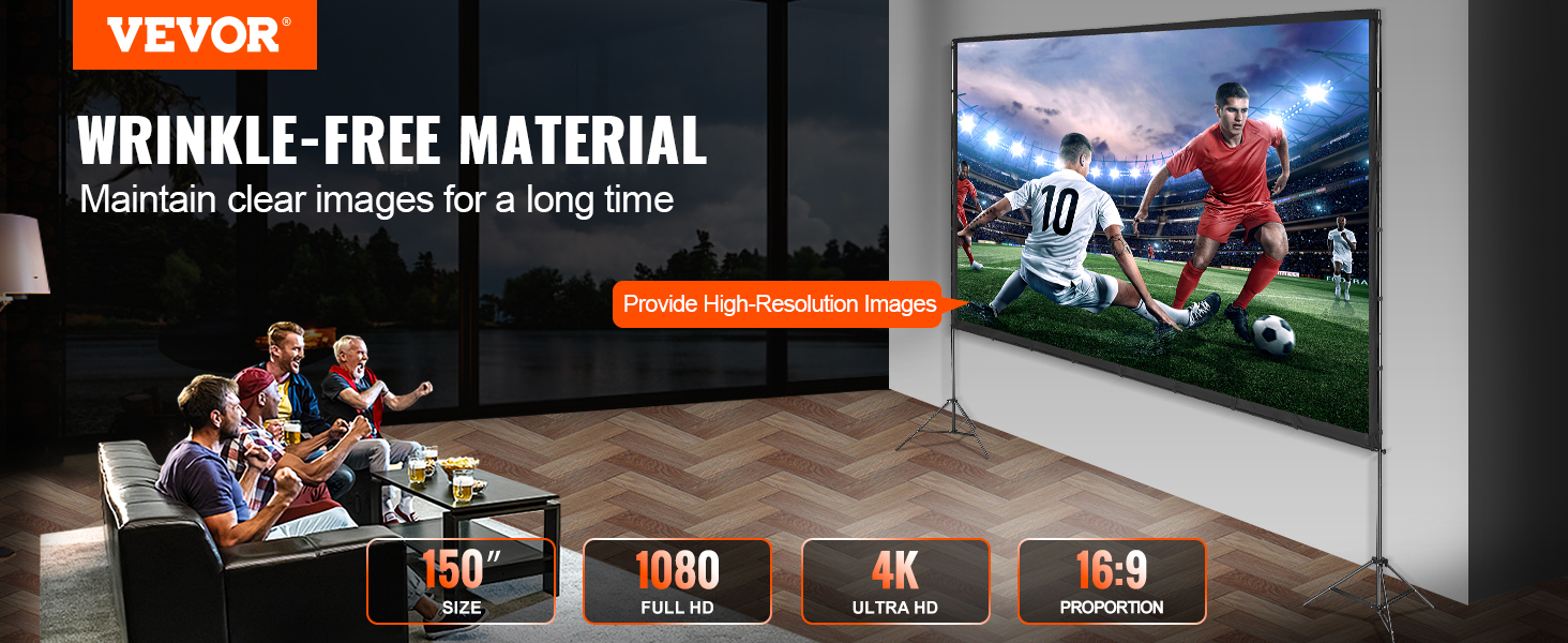 VEVOR projector screen showing a soccer game, featuring 150" size, 1080 full hd, 4k, and 16:9 proportion.