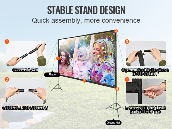 VEVOR projector screen setup instructions with stable stand design, connected rods, and secure ground nails.