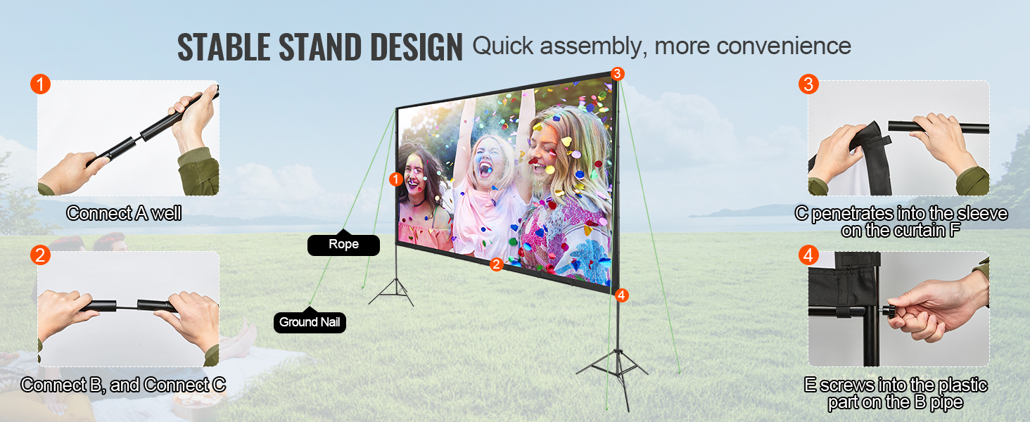 VEVOR projector screen setup instructions with stable stand design, connected rods, and secure ground nails.