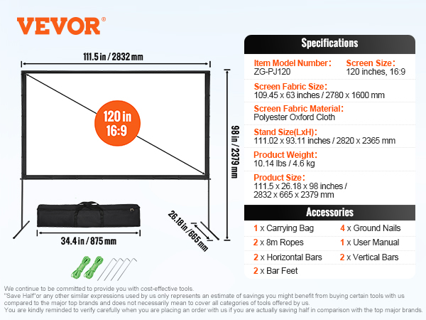 VEVOR projector screen with 120-inch 16:9 display, polyester fabric, and included accessories.