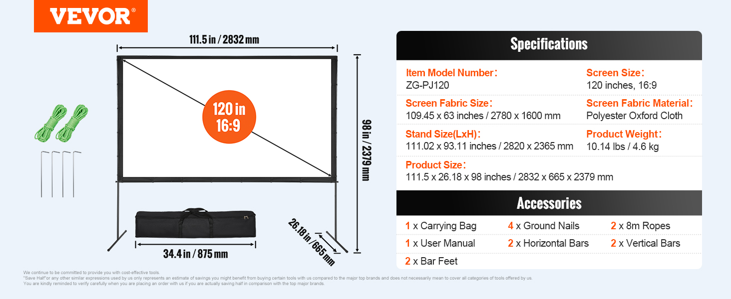 VEVOR projector screen with 120-inch 16:9 display, polyester fabric, and included accessories.