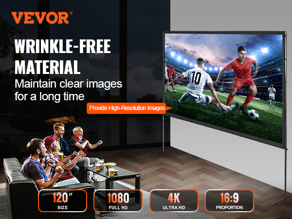 VEVOR projector screen, 120" size, 1080 full hd, 4k ultra hd, 16:9 proportion; wrinkle-free material.