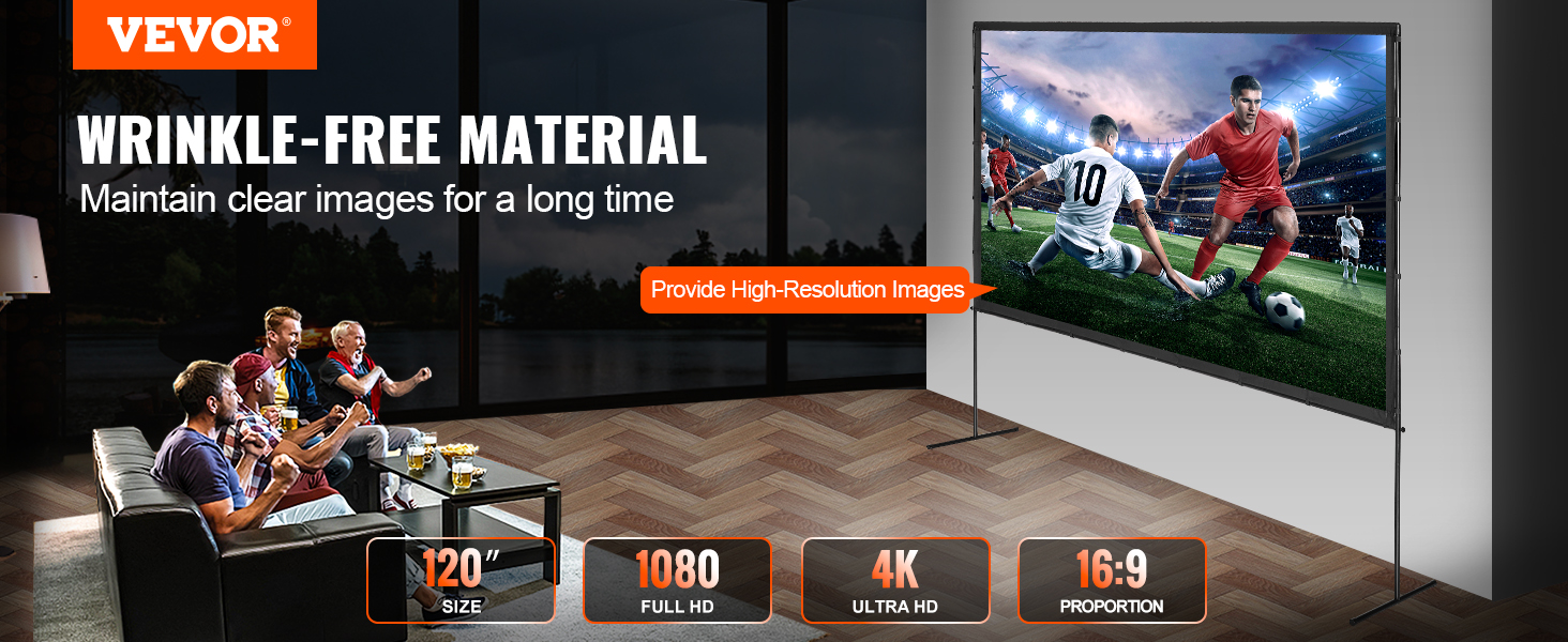 VEVOR projector screen, 120" size, 1080 full hd, 4k ultra hd, 16:9 proportion; wrinkle-free material.