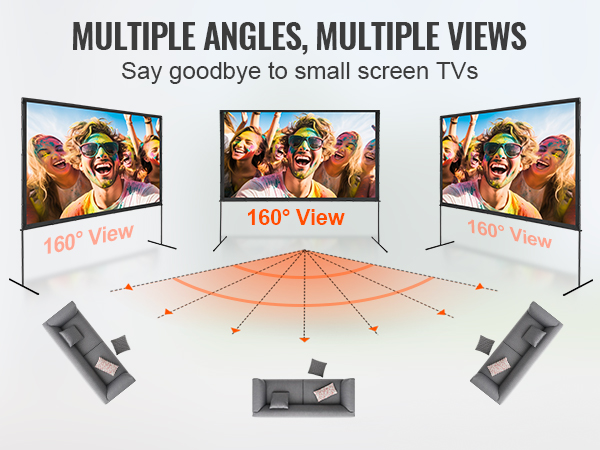 VEVOR projector screen with 160-degree wide viewing angle, ideal for versatile home entertainment.