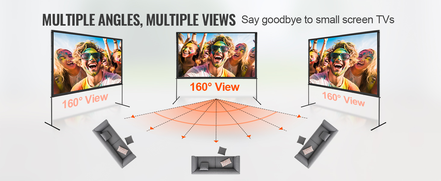 VEVOR projector screen with 160-degree wide viewing angle, ideal for versatile home entertainment.