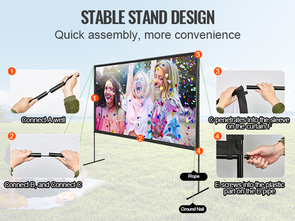 VEVOR projector screen with stable stand design, featuring easy assembly steps and outdoor use.