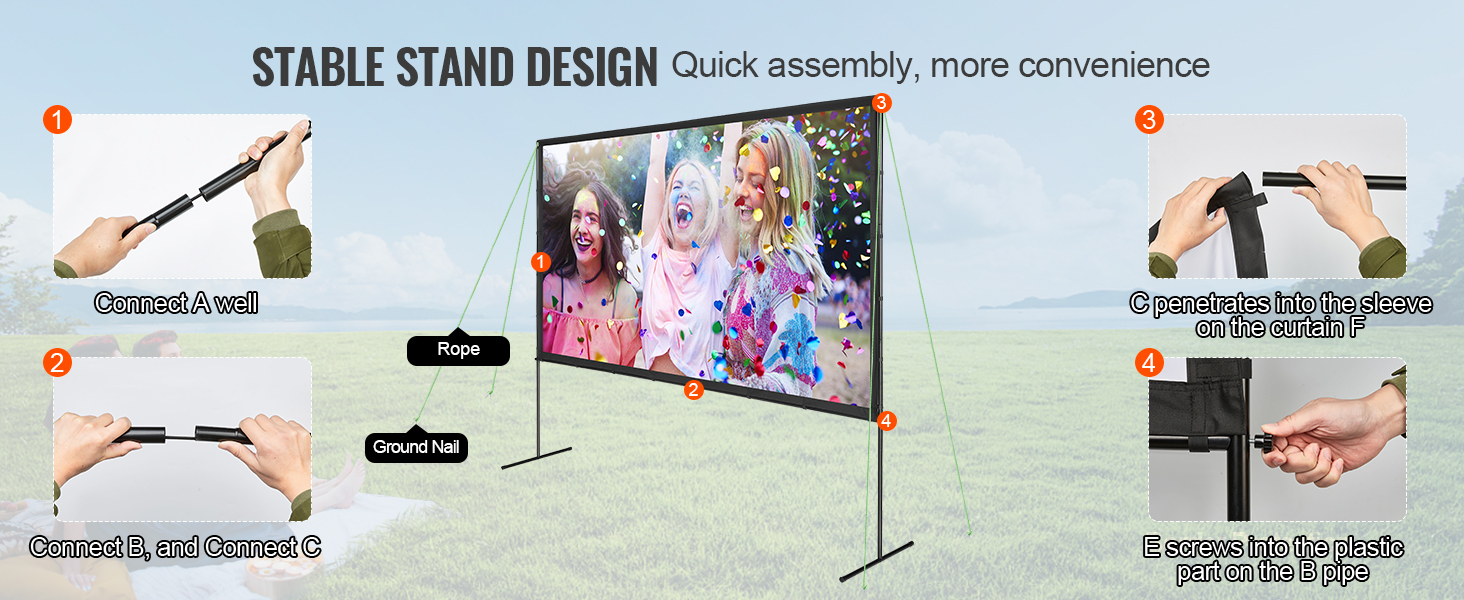 VEVOR projector screen with stable stand design, featuring easy assembly steps and outdoor use.