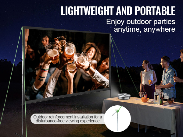 VEVOR projector screen setup for an outdoor party under a starry night sky with people enjoying drinks.