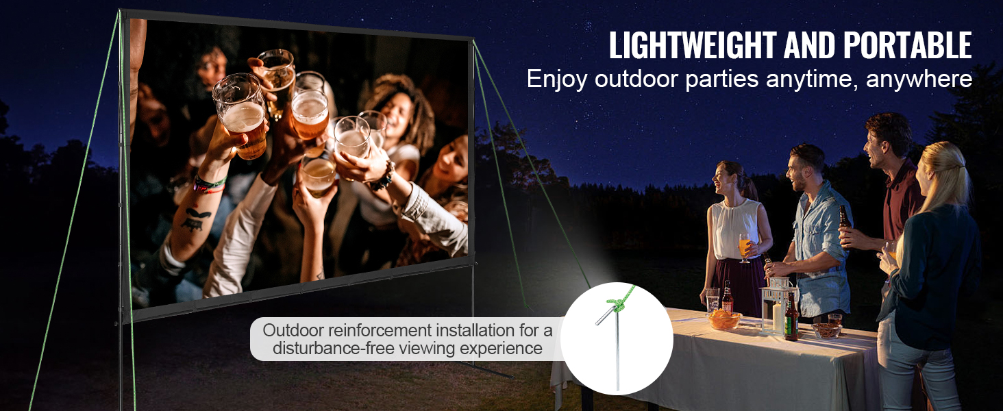 VEVOR projector screen setup for an outdoor party under a starry night sky with people enjoying drinks.