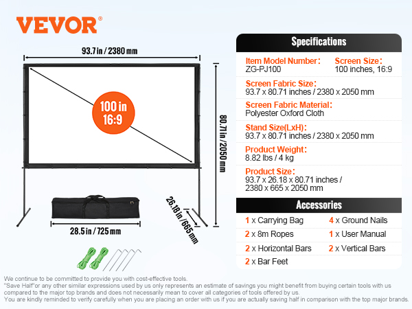VEVOR projector screen, 100 inches, 16:9, 93.7x80.71 in stand, accessories included.