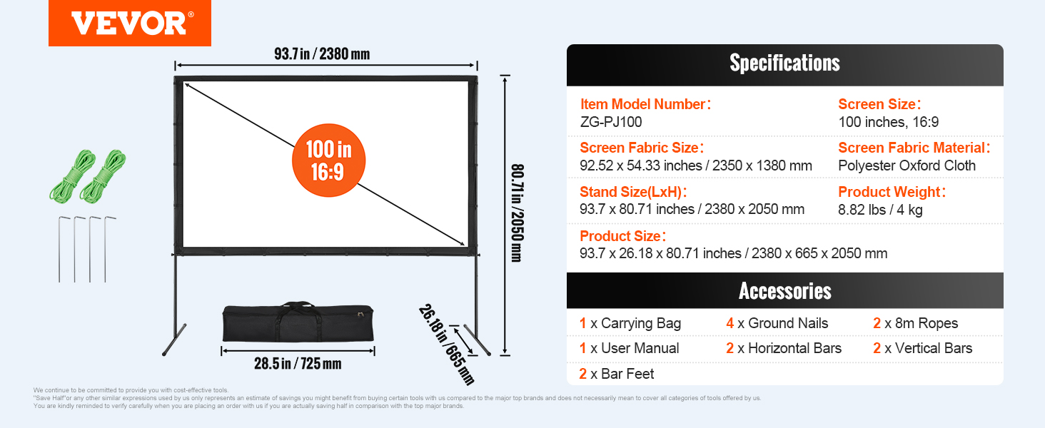 VEVOR projector screen, 100 inches, 16:9, 93.7x80.71 in stand, accessories included.