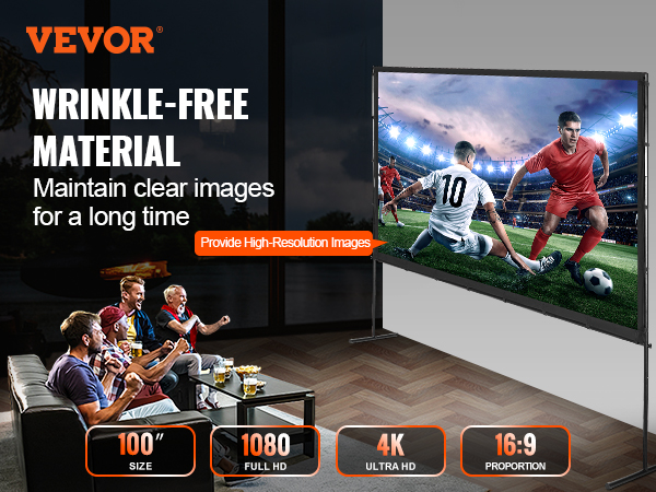 VEVOR projector screen in a living room setup, showcasing sports in high-definition on a 100" screen.