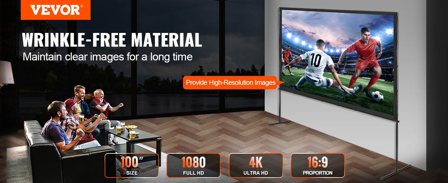 VEVOR projector screen in a living room setup, showcasing sports in high-definition on a 100" screen.