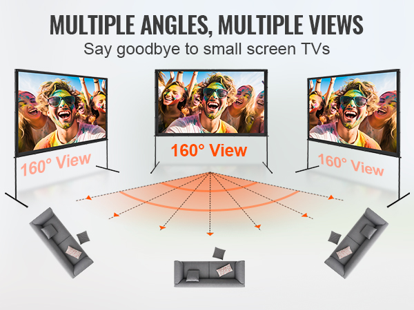 VEVOR projector screen offering 160° viewing angles and clear visuals from multiple perspectives.