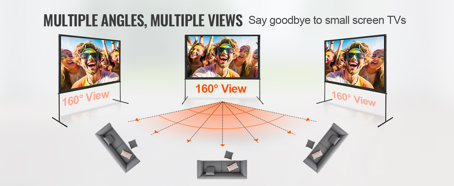 VEVOR projector screen offering 160° viewing angles and clear visuals from multiple perspectives.