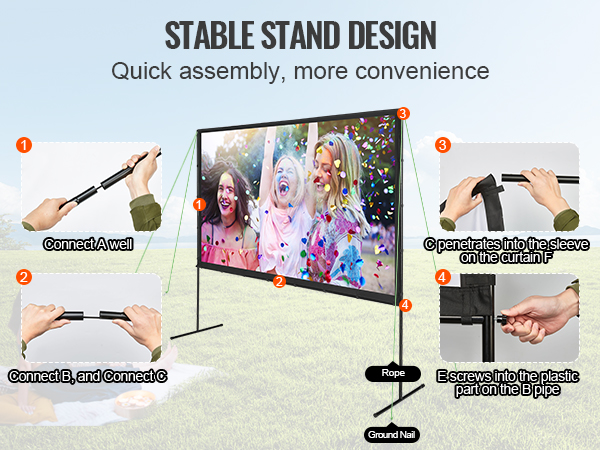 VEVOR projector screen setup showing steps for connecting parts and stable assembly in an outdoor setting.