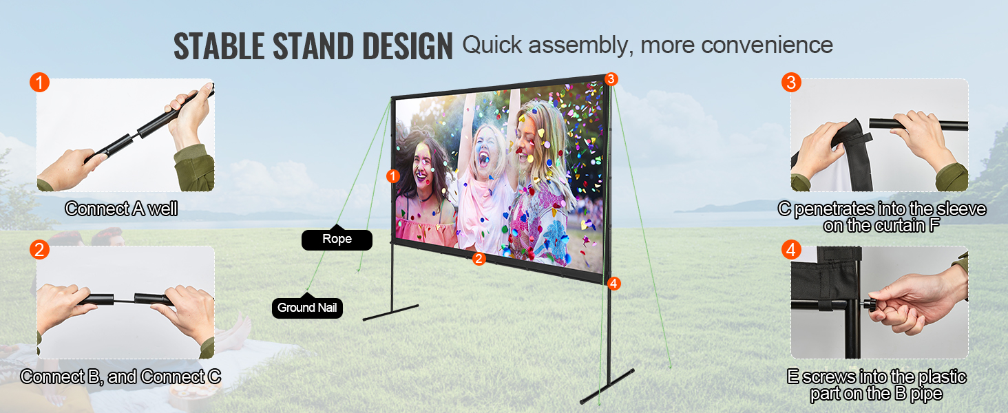 VEVOR projector screen setup showing steps for connecting parts and stable assembly in an outdoor setting.