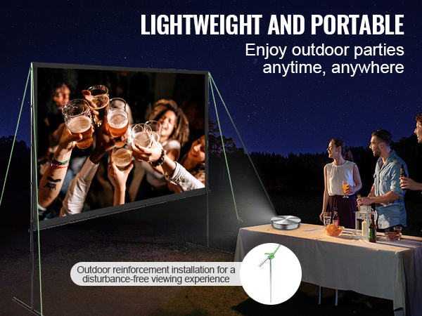VEVOR projector screen set up outdoors with people enjoying drinks and watching a movie at night.