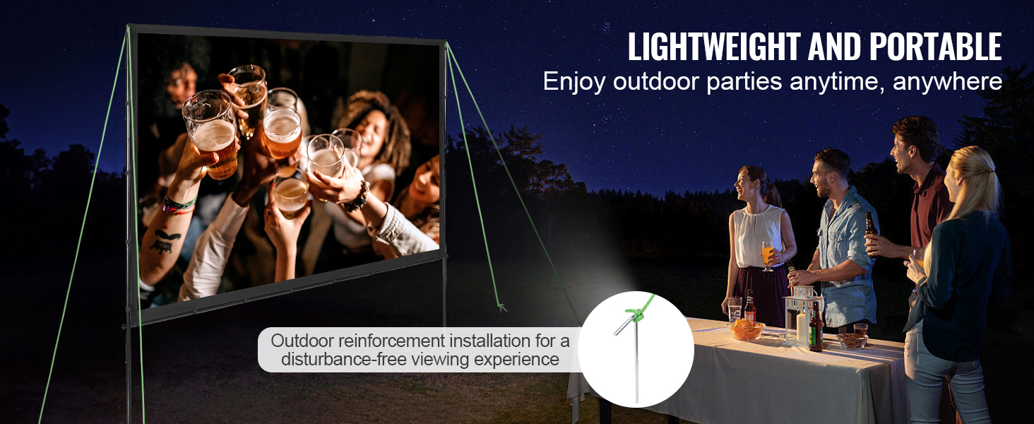 VEVOR projector screen set up outdoors with people enjoying drinks and watching a movie at night.