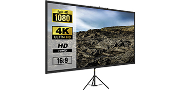 VEVOR statīva projektora ekrāns, kas demonstrē 16:9 hd, 4k ultra hd un Full HD 1080 saturu.