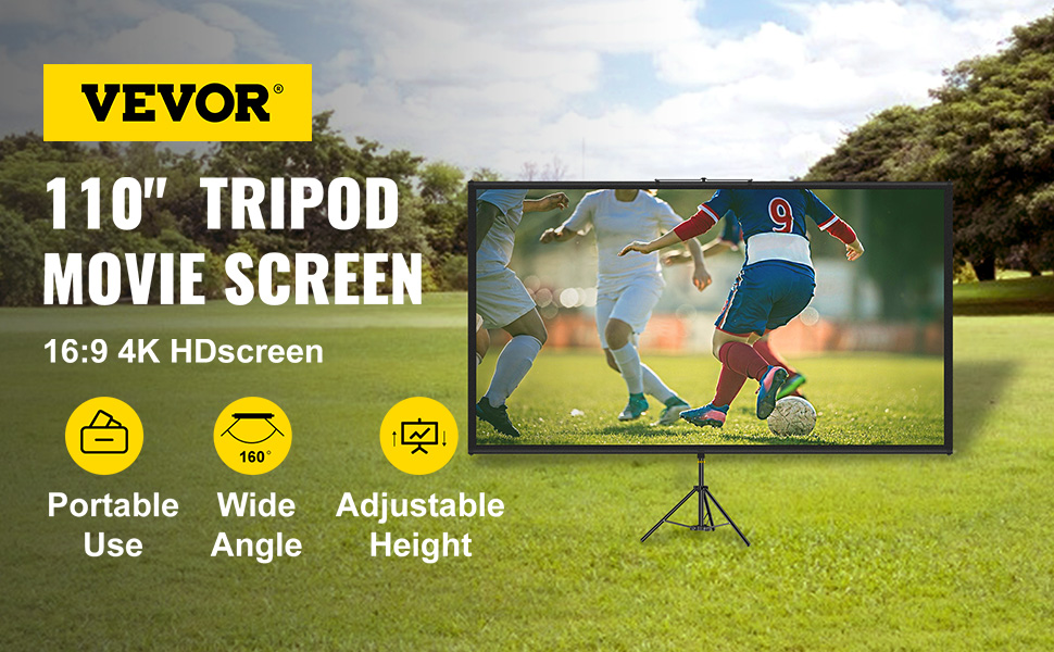 VEVOR tripod projector screen for portable movie viewing, 110", 16:9, 4k hdscreen.