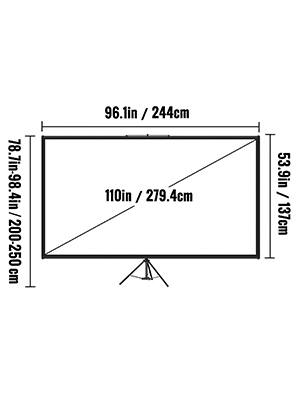 VEVOR tripod projector screen dimensions: 96.1in width, 53.9in height, 110in diagonal.