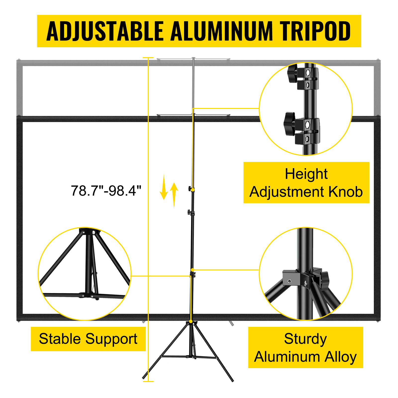 VEVOR tripod projector screen with adjustable aluminum tripod and height adjustment knob.