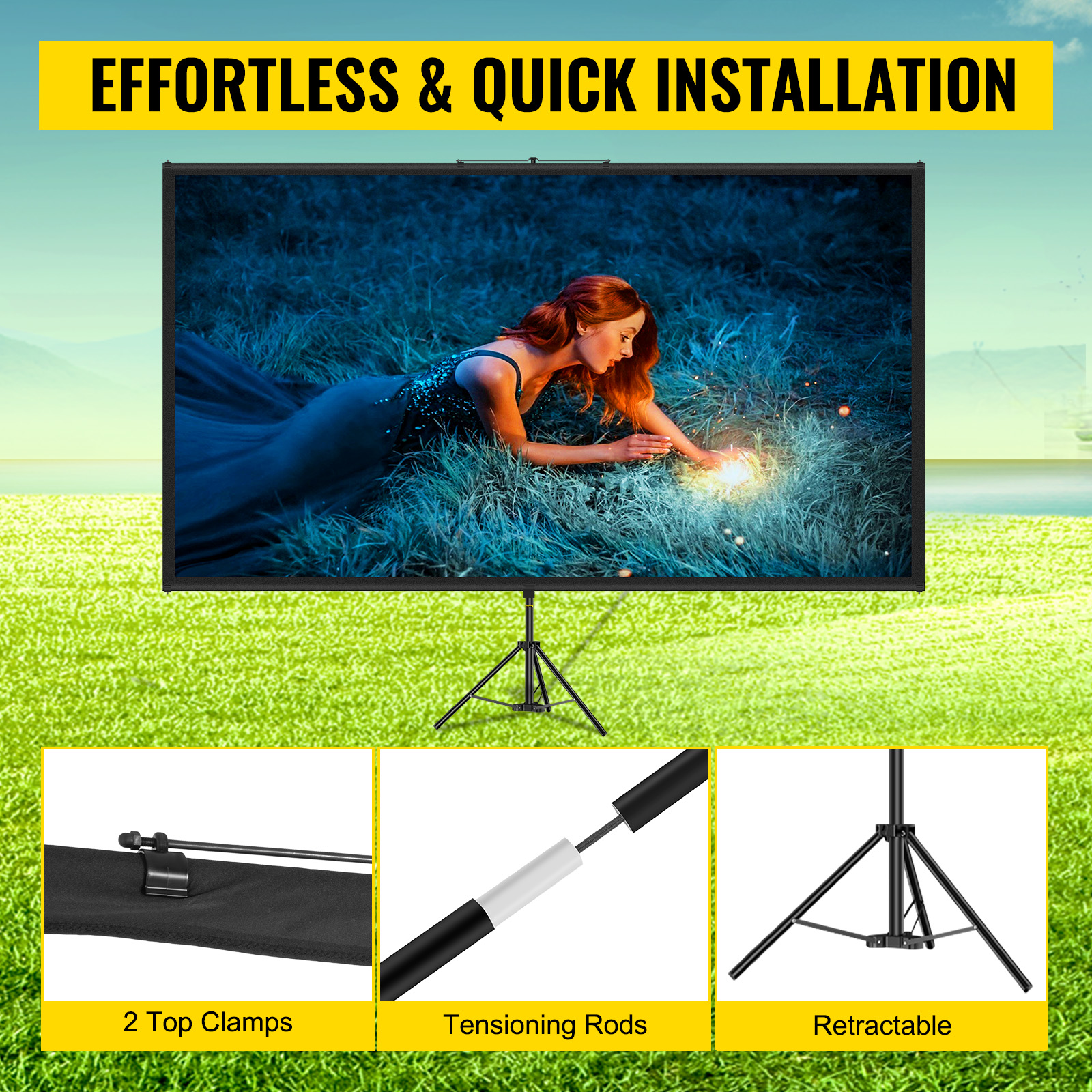 effortless and quick installation of the VEVOR tripod projector screen.