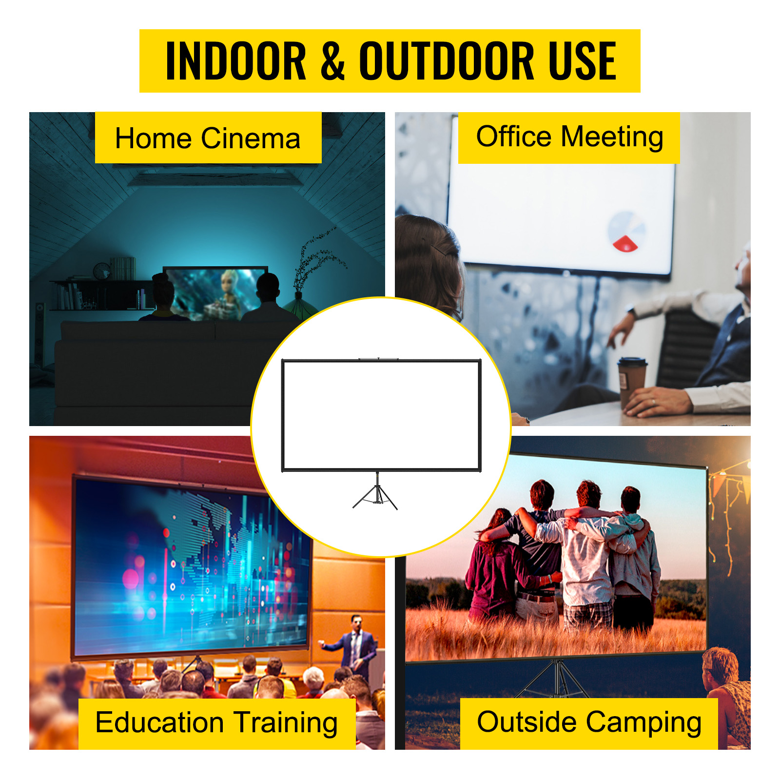 VEVOR tripod projector screen for home cinema, office meetings, education training, and outside camping.