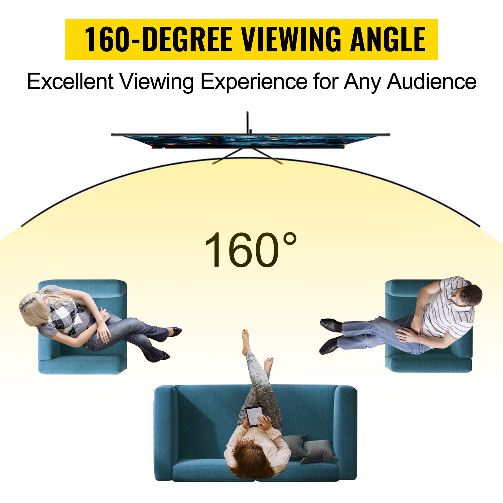 160-degree viewing angle showcasing the VEVOR tripod projector screen for any audience.