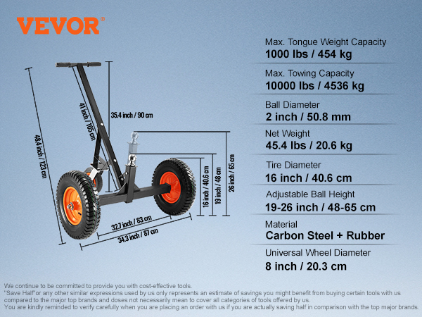 VEVOR trailer dolly specifications: 10000 lbs towing capacity, adjustable ball height 19-26 inch.