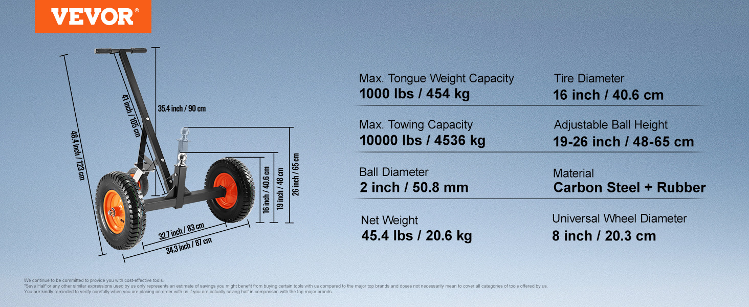 VEVOR trailer dolly specifications: 10000 lbs towing capacity, adjustable ball height 19-26 inch.