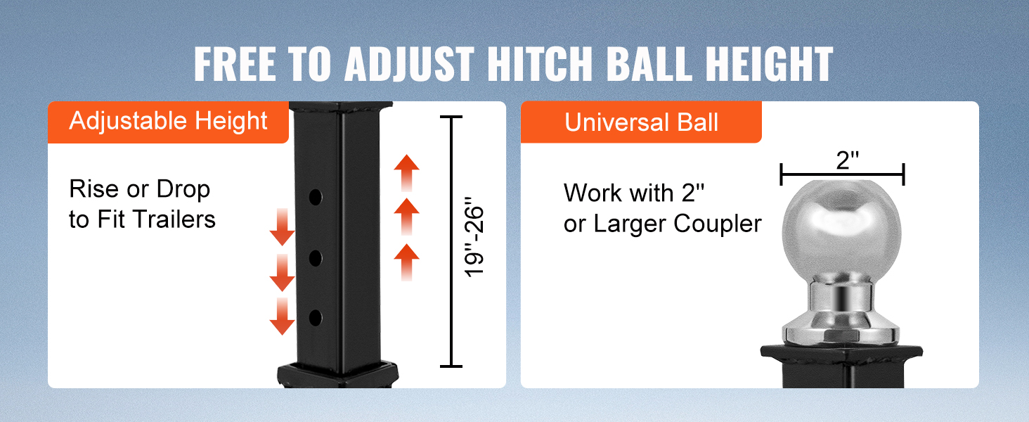 Regulējams sakabes lodītes augstums VEVOR piekabes ratiņiem ar universālu lodīti, der 2 collu vai lielākam sakabes ierīcei.