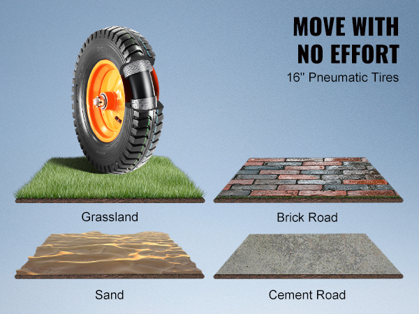 VEVOR piekabes riepa, kas piemērota zālājiem, ķieģeļu ceļiem, smilšu un cementa ceļiem; 16 collu pneimatiskās riepas.