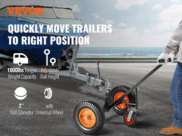 VEVOR trailer dolly moving a blue boat trailer by the ocean with a person holding the handle.