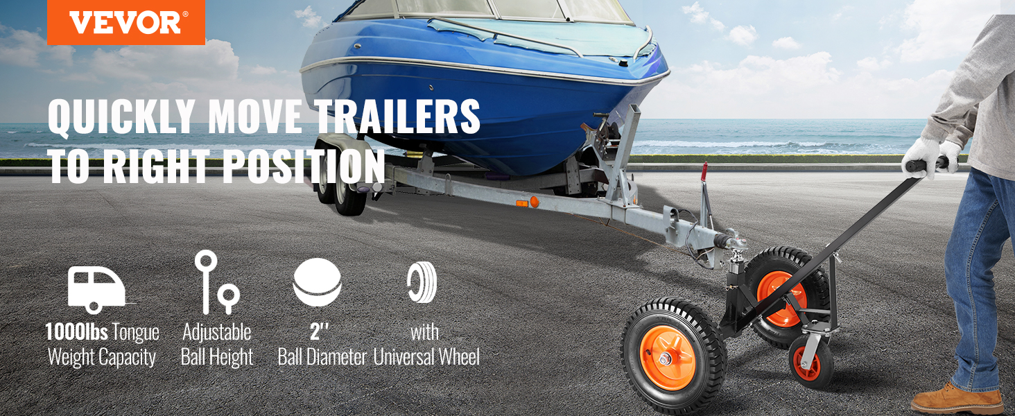 VEVOR trailer dolly moving a blue boat trailer by the ocean with a person holding the handle.