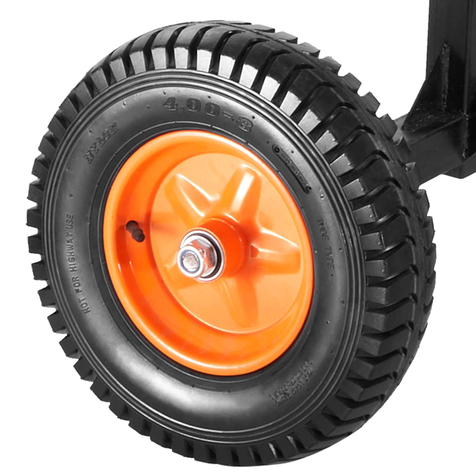 orange wheel of the VEVOR trailer dolly with black rubber tire and chrome center bolt.