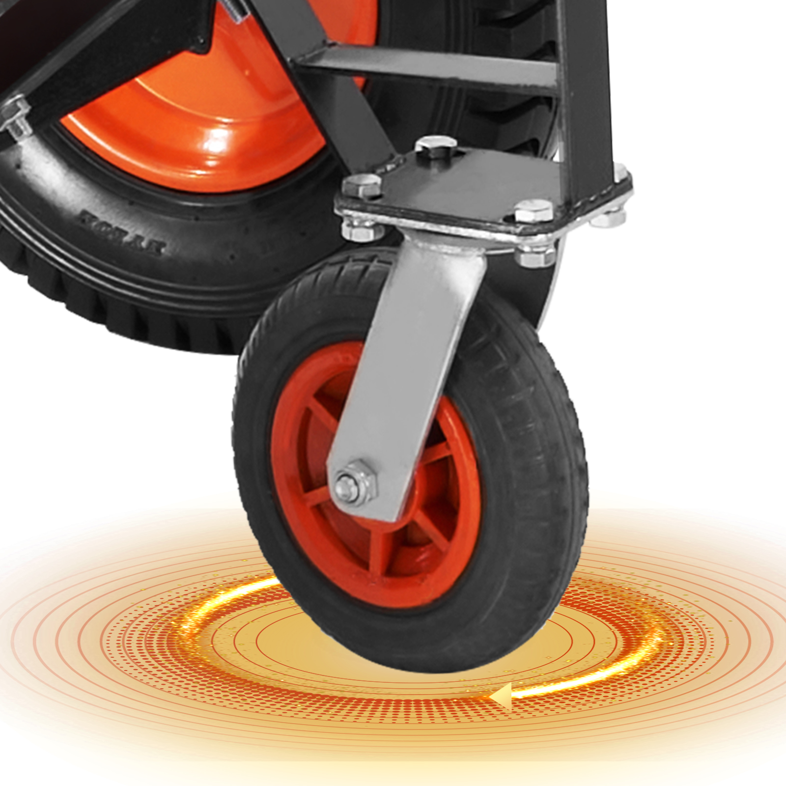 VEVOR trailer dolly front wheel with black tire and orange rim on a light, reflective surface.