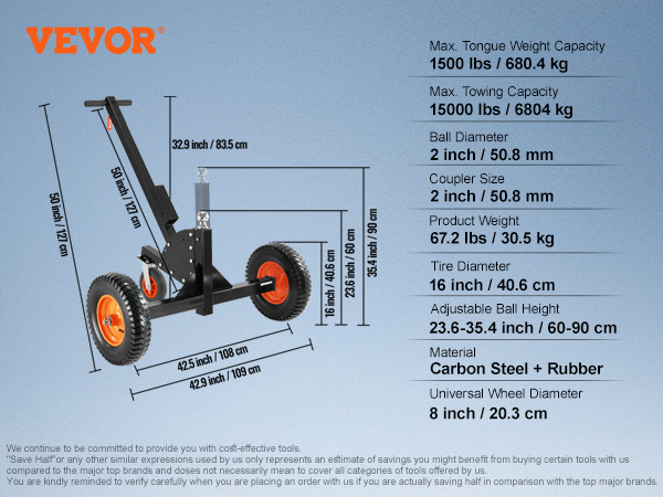 VEVOR trailer dolly specifications chart with dimensions, capacities, and material details.