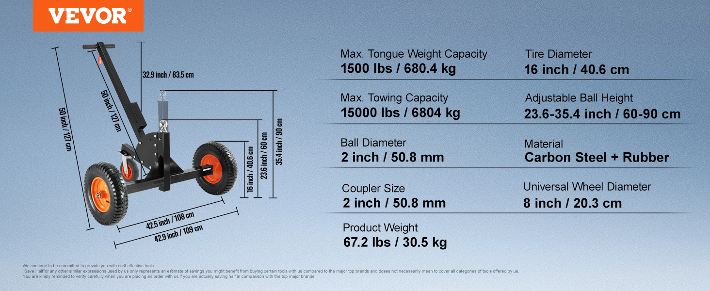 VEVOR trailer dolly specifications chart with dimensions, capacities, and material details.