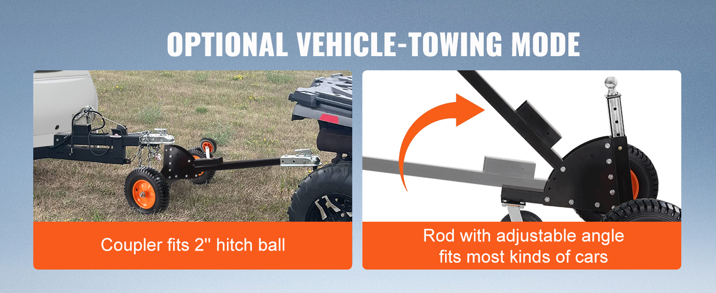 VEVOR piekabes ratiņi ar 2 collu sakabes lodveida sakabi un regulējamu leņķa stieni dažādu transportlīdzekļu vilkšanai.