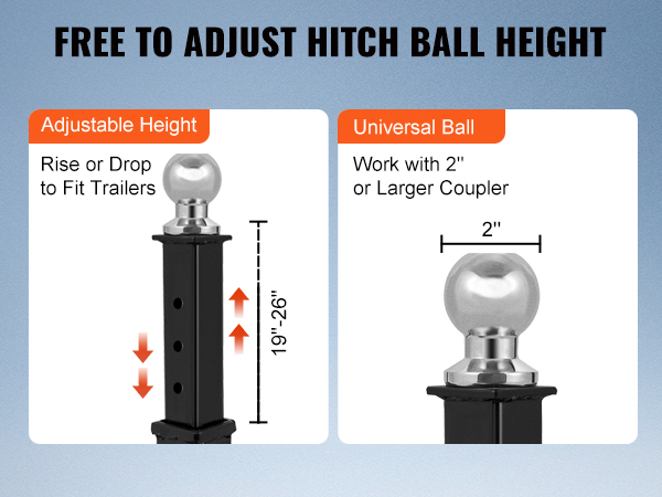 Regulējama augstuma sakabes lodīte VEVOR piekabes ratiņiem, der 2 collu vai lielākam sakabes mehānismam, augstuma diapazons 23,6–35,4 collas.