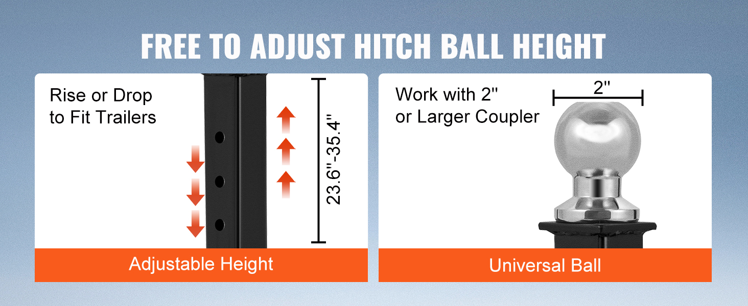 Regulējama augstuma sakabes lodīte VEVOR piekabes ratiņiem, der 2 collu vai lielākam sakabes mehānismam, augstuma diapazons 23,6–35,4 collas.