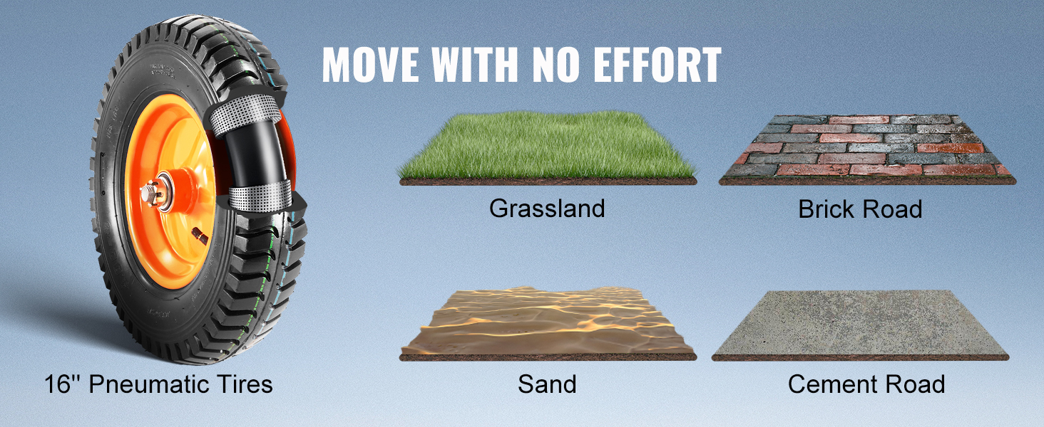 VEVOR piekabes ratiņi ar 16 collu pneimatiskajām riepām zālāju, ķieģeļu ceļu, smilšu un cementa ceļu izmantošanai.