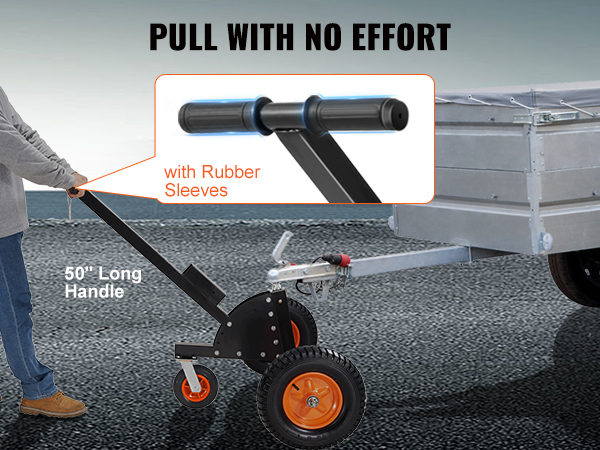 persona, kas izmanto VEVOR piekabes ratiņus ar 50 collu garu rokturi un gumijas uzmavām ērtai vilkšanai.