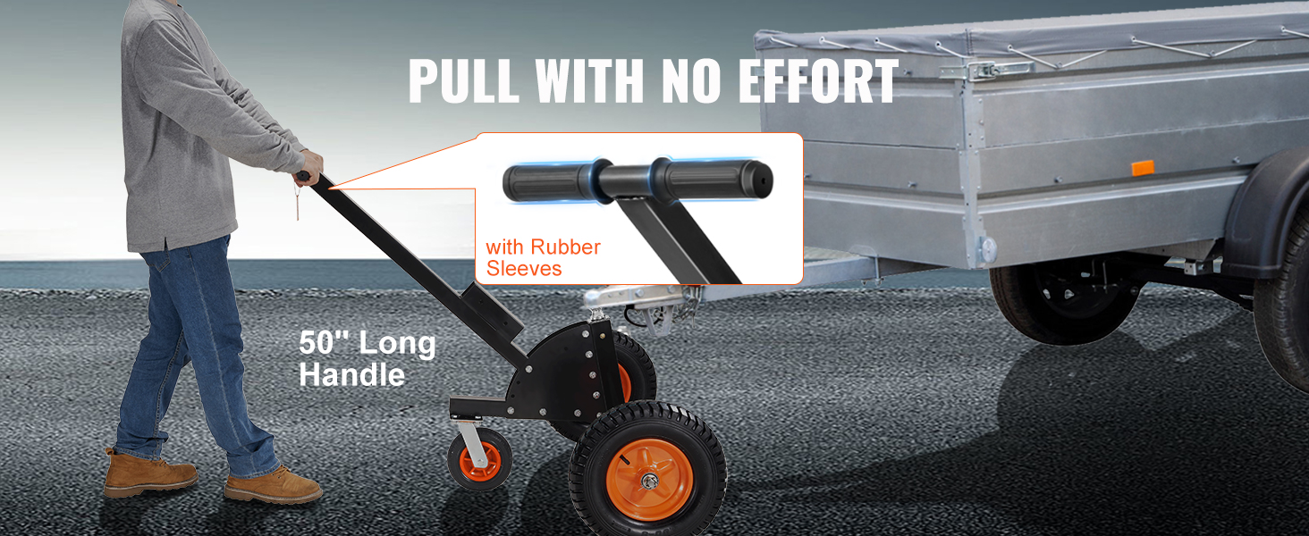 persona, kas izmanto VEVOR piekabes ratiņus ar 50 collu garu rokturi un gumijas uzmavām ērtai vilkšanai.