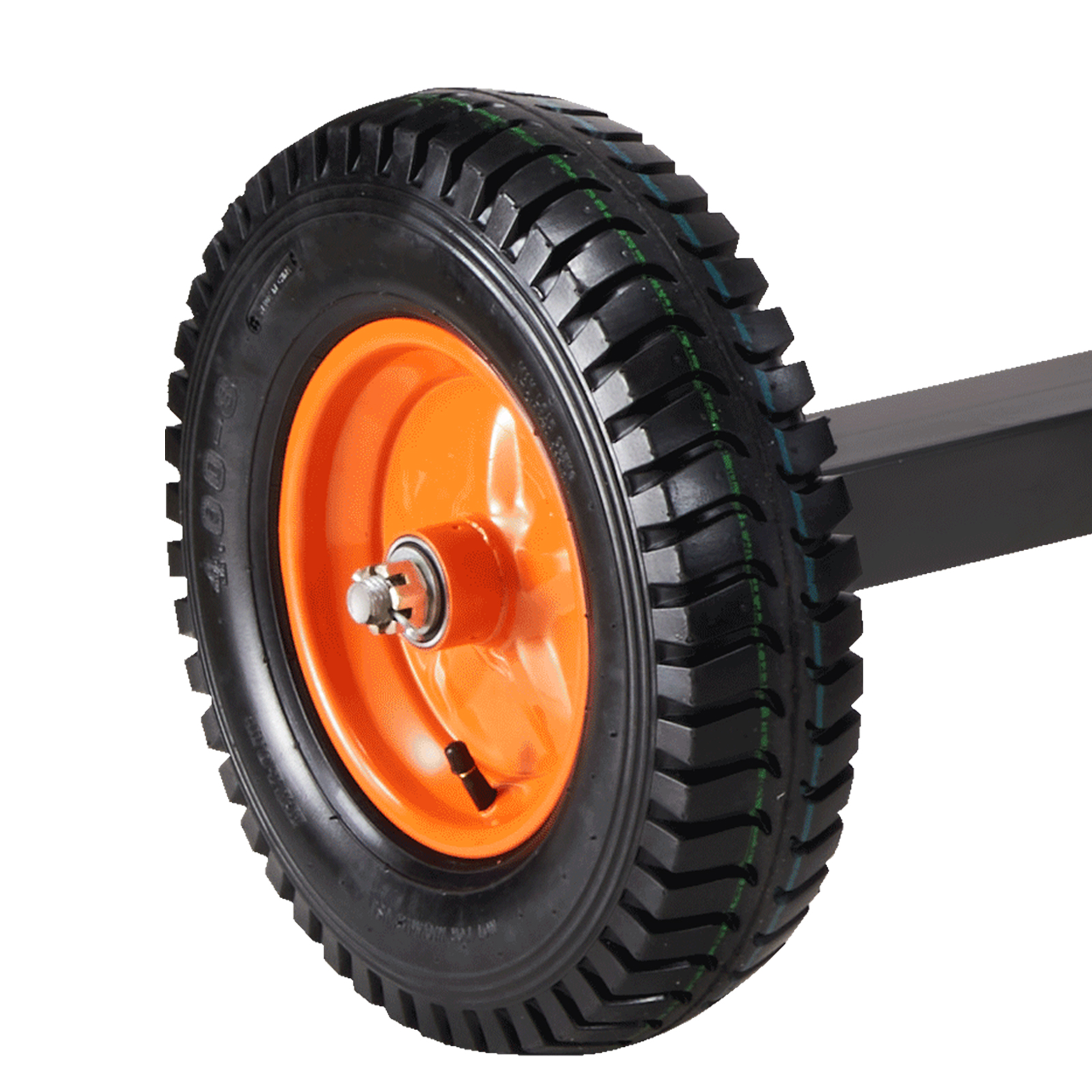 orange and black tire of the VEVOR trailer dolly with rugged tread and attached axle.