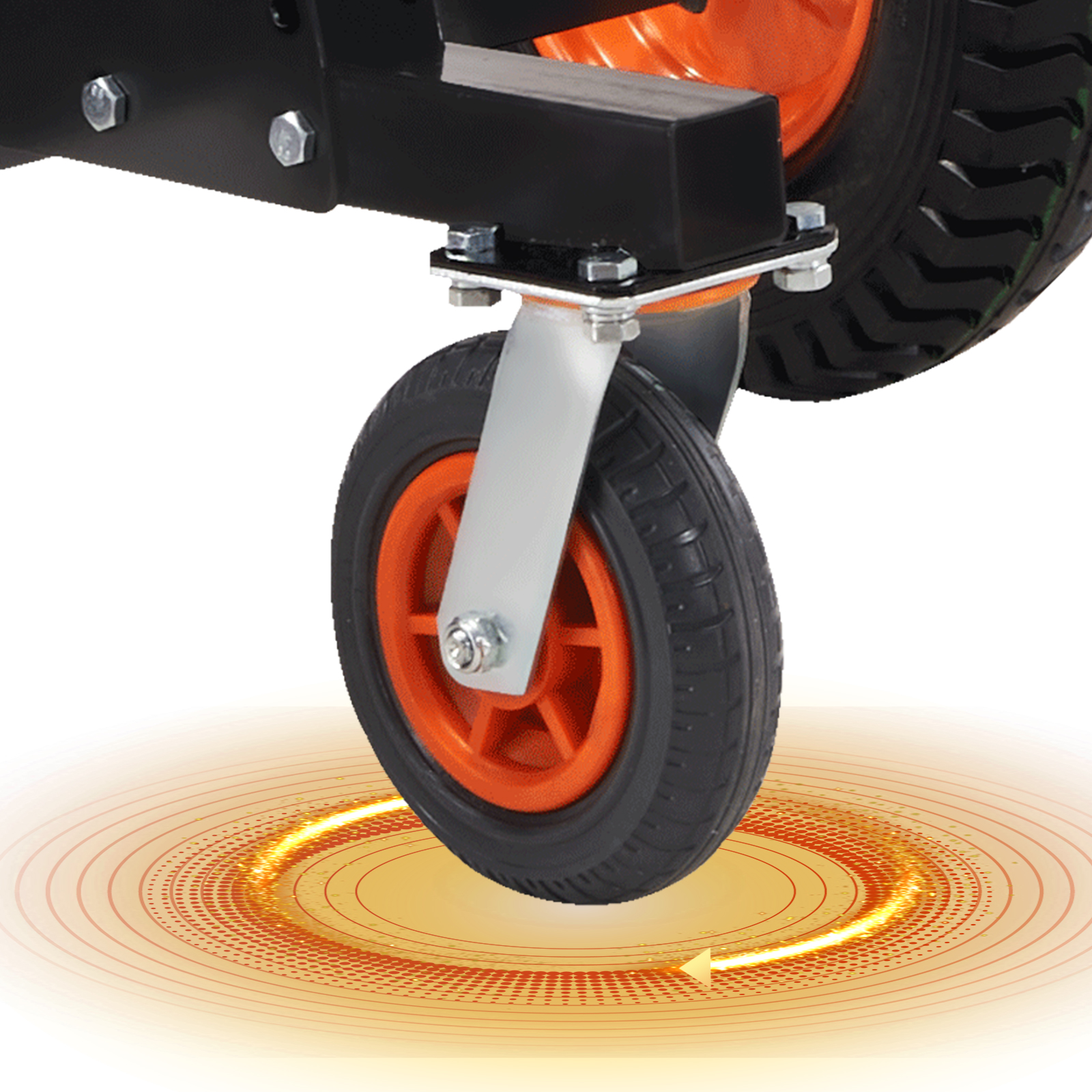 VEVOR trailer dolly swivel wheel close-up on a bright background with orange wheel highlights.