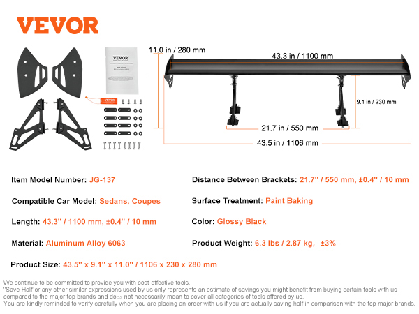 VEVOR car spoiler, aluminum alloy, 43.3" length, black, compatible with sedans, coupes.