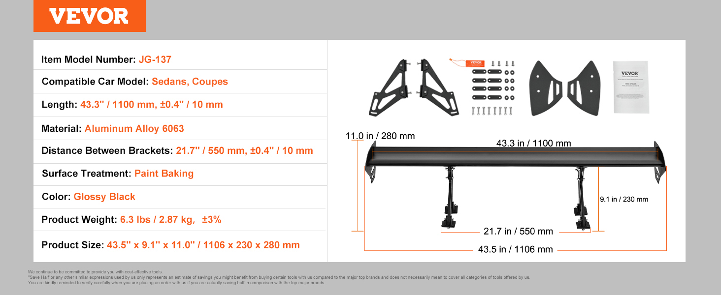VEVOR car spoiler, aluminum alloy, 43.3" length, black, compatible with sedans, coupes.